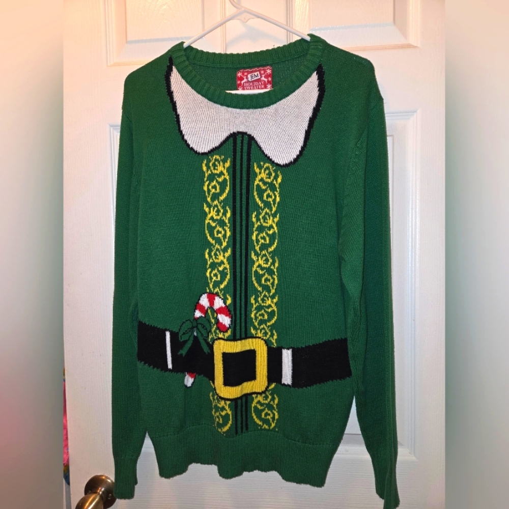JEM Green Elf Sweater with Candy Cane Accent Lg